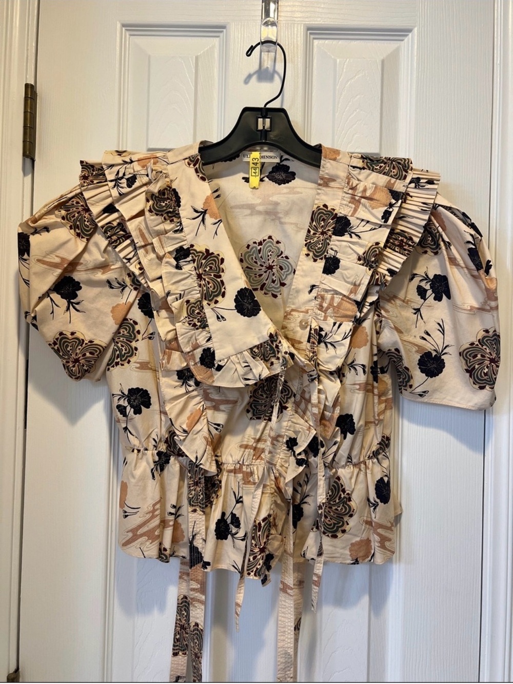 Floral Ruffle Wrap Blouse in Cream and Black - Women's Top